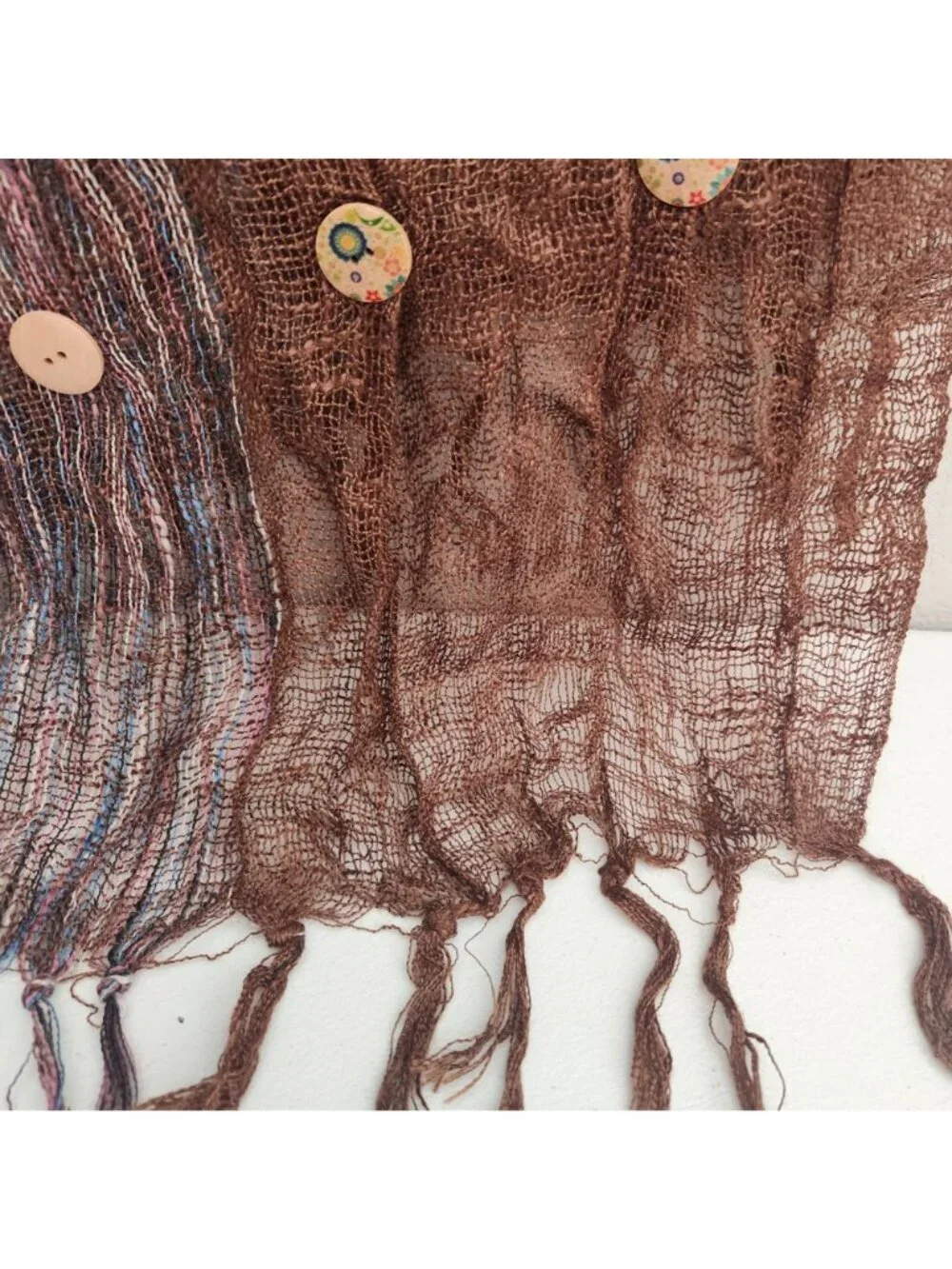 Handwoven Boho Scarf With Brown & Multicolor Panels Fringed Ends & Decorative Bu